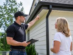 Homeowner speaking with a gutter professional beside her home’s gutters and downspout